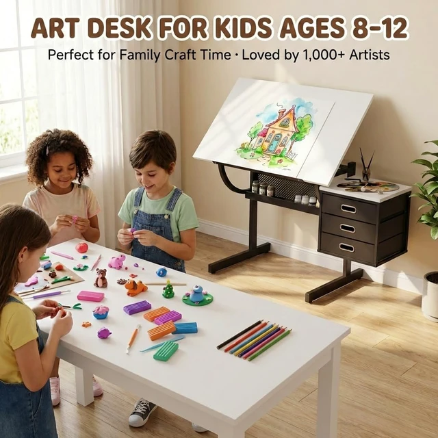 Alt view image 6 of 7 - Drafting Table with Storage, Adjustable Art Desk & Art Table with Stool, 0-75° Tilting Top, 3 Drawers for Diamond Painting, Architecture, Animation, Office (Adults & Teens) (White)