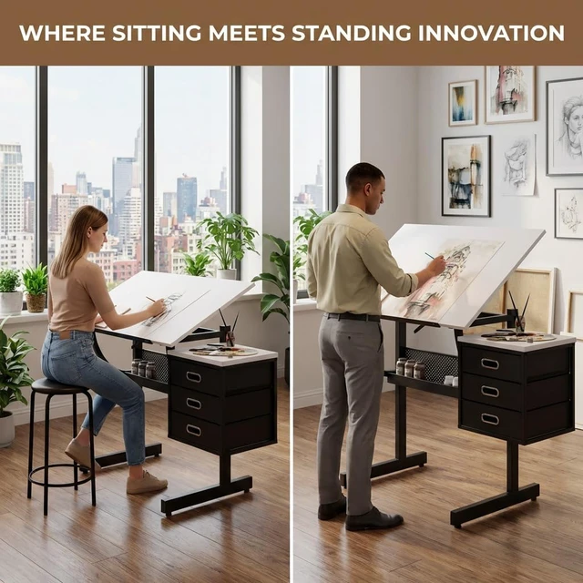 Alt view image 7 of 7 - Drafting Table with Storage, Adjustable Art Desk & Art Table with Stool, 0-75° Tilting Top, 3 Drawers for Diamond Painting, Architecture, Animation, Office (Adults & Teens) (White)