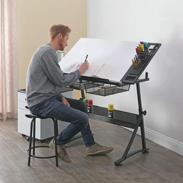 Alt view image 2 of 7 - Drafting Table with Stool, Height Adjustable Desk with Tilt Top, Charcoal / White