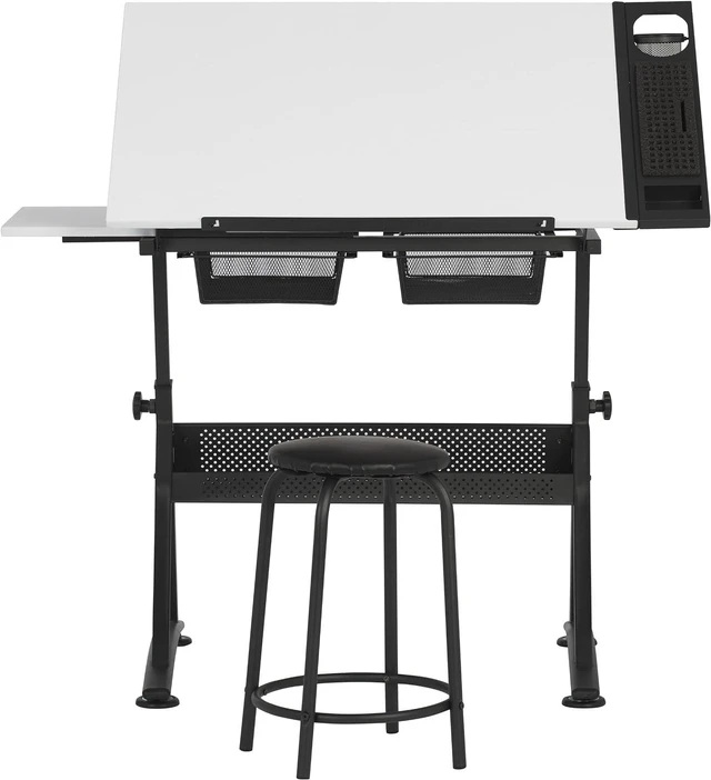 Alt view image 4 of 7 - Drafting Table with Stool, Height Adjustable Desk with Tilt Top, Charcoal / White