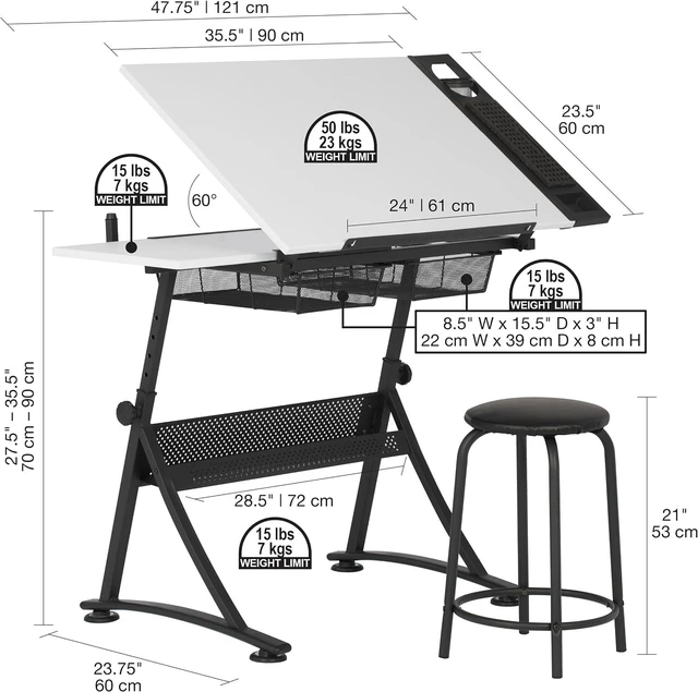 Alt view image 3 of 7 - Drafting Table with Stool, Height Adjustable Desk with Tilt Top, Charcoal / White