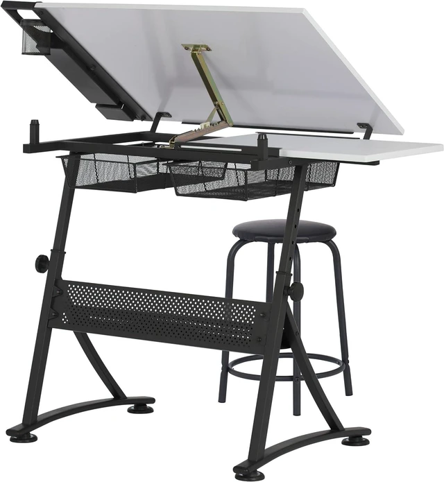 Alt view image 6 of 7 - Drafting Table with Stool, Height Adjustable Desk with Tilt Top, Charcoal / White