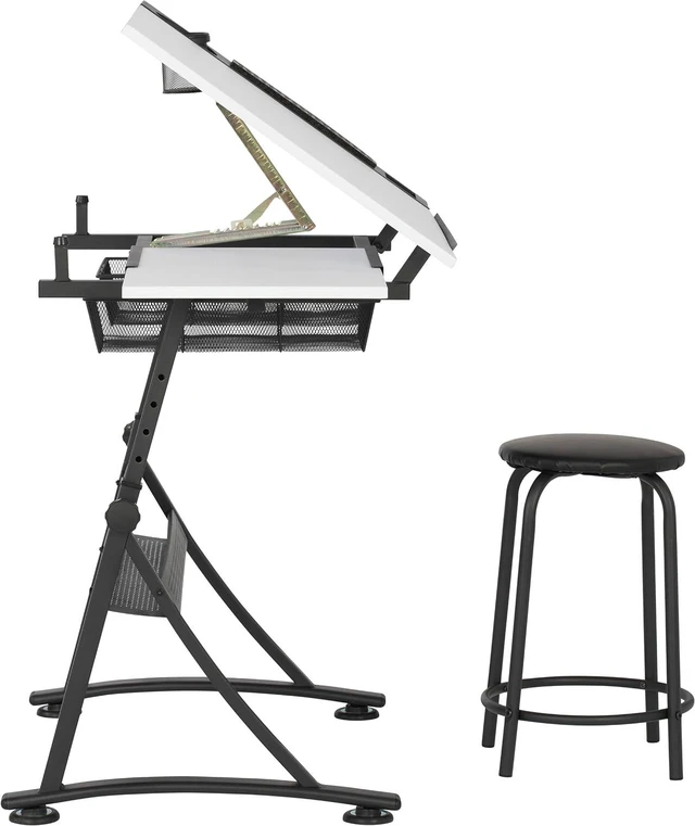 Alt view image 5 of 7 - Drafting Table with Stool, Height Adjustable Desk with Tilt Top, Charcoal / White