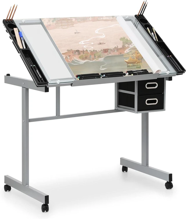Main image of Athena Collection 41" Drafting Table Adjustable Angle Drawing Table Tempered Glass Art Desk Metal Frame Craft Desk for Artist with Fabric Drawers, Rolling Casters and Trays, Light Grey
