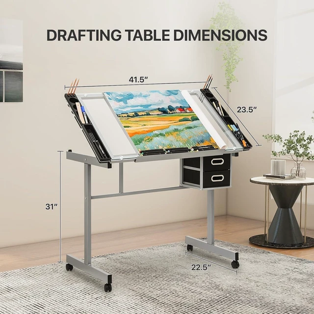 Alt view image 2 of 7 - Athena Collection 41" Drafting Table Adjustable Angle Drawing Table Tempered Glass Art Desk Metal Frame Craft Desk for Artist with Fabric Drawers, Rolling Casters and Trays, Light Grey