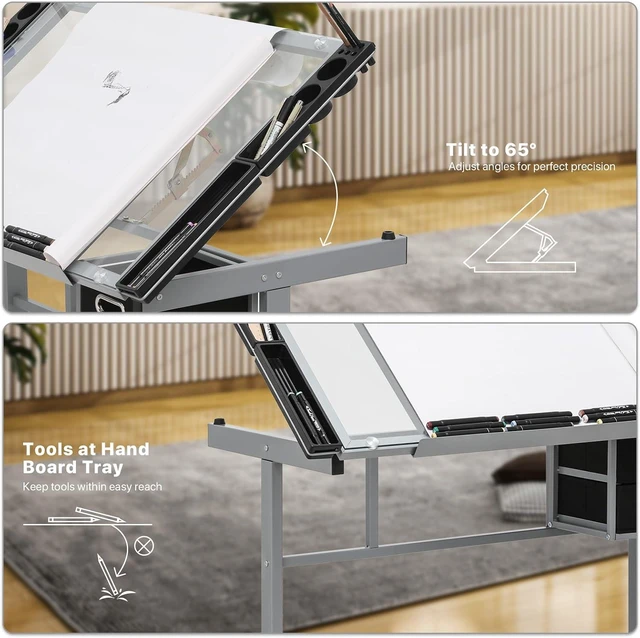 Alt view image 4 of 7 - Athena Collection 41" Drafting Table Adjustable Angle Drawing Table Tempered Glass Art Desk Metal Frame Craft Desk for Artist with Fabric Drawers, Rolling Casters and Trays, Light Grey