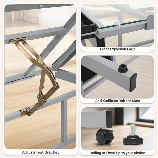 Alt view image 5 of 7 - Athena Collection 41" Drafting Table Adjustable Angle Drawing Table Tempered Glass Art Desk Metal Frame Craft Desk for Artist with Fabric Drawers, Rolling Casters and Trays, Light Grey