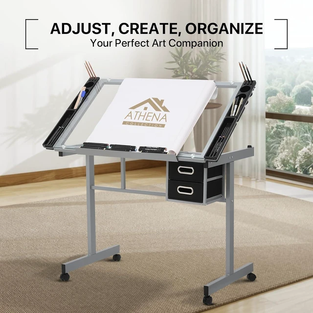 Alt view image 6 of 7 - Athena Collection 41" Drafting Table Adjustable Angle Drawing Table Tempered Glass Art Desk Metal Frame Craft Desk for Artist with Fabric Drawers, Rolling Casters and Trays, Light Grey
