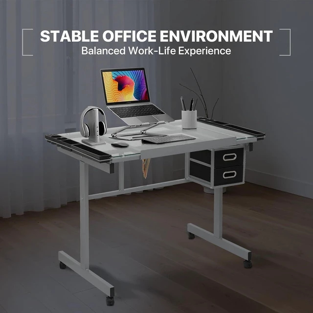 Alt view image 7 of 7 - Athena Collection 41" Drafting Table Adjustable Angle Drawing Table Tempered Glass Art Desk Metal Frame Craft Desk for Artist with Fabric Drawers, Rolling Casters and Trays, Light Grey