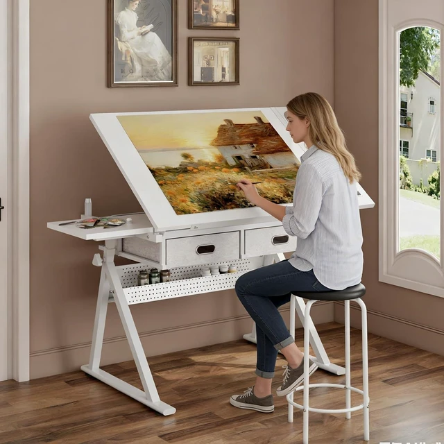 Main image of Drafting Table with Stool, Height Adjustable Drawing Table Art Table Painting Table Art Craft Desk with 0-75° Tilting Tabletop and Storage Drawers, All White