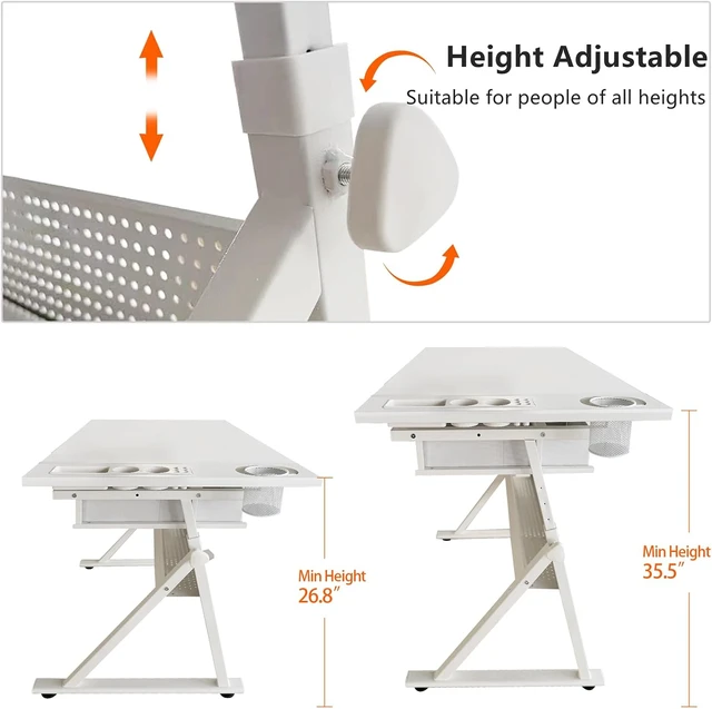 Alt view image 2 of 7 - Drafting Table with Stool, Height Adjustable Drawing Table Art Table Painting Table Art Craft Desk with 0-75° Tilting Tabletop and Storage Drawers, All White