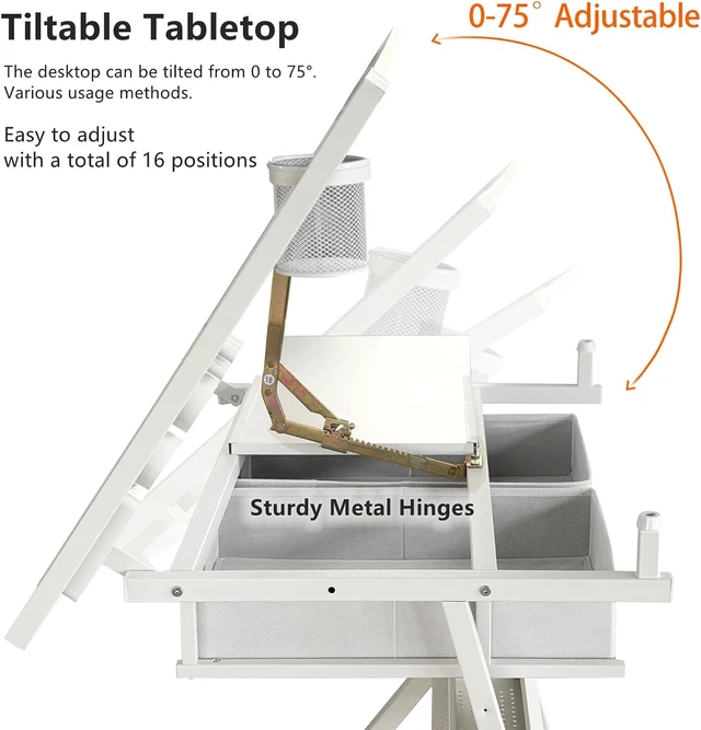 Alt view image 4 of 7 - Drafting Table with Stool, Height Adjustable Drawing Table Art Table Painting Table Art Craft Desk with 0-75° Tilting Tabletop and Storage Drawers, All White