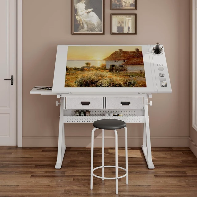 Alt view image 3 of 7 - Drafting Table with Stool, Height Adjustable Drawing Table Art Table Painting Table Art Craft Desk with 0-75° Tilting Tabletop and Storage Drawers, All White