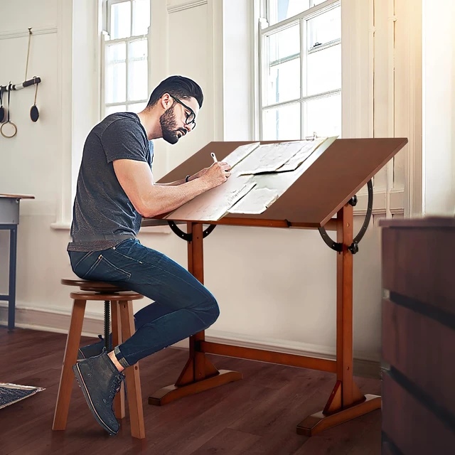 Alt view image 2 of 5 - Wood Drafting Table for Adults, 24' x 35" Drawing Table with Adjustable Angle for Art Studio, 34" Height Solid Pine Wood Artist Desk for Drawing, Drafting, Writing, Reading, Sketching
