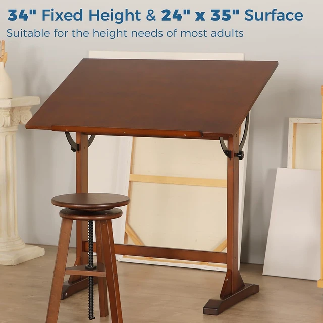 Alt view image 4 of 5 - Wood Drafting Table for Adults, 24' x 35" Drawing Table with Adjustable Angle for Art Studio, 34" Height Solid Pine Wood Artist Desk for Drawing, Drafting, Writing, Reading, Sketching