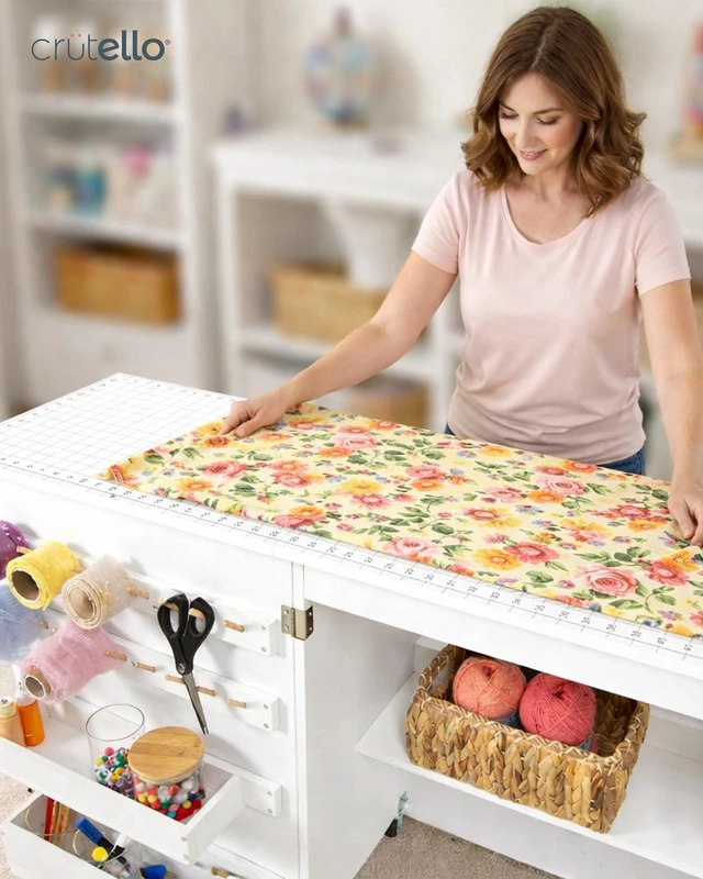 Alt view image 2 of 7 - Sewing Table and Folding Craft Table with Storage for Adults - 46 inch Fold Out Grid Top Crafting Desk for Fabric Cutting, Quilting & Hobby
