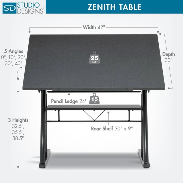 Alt view image 3 of 7 - Studio Designs Zenith Drafting Table with Adjustable Height & Angle MDF Work Surface, Modern Artist Workstation for Drawing, Drafting, Sketching & Design