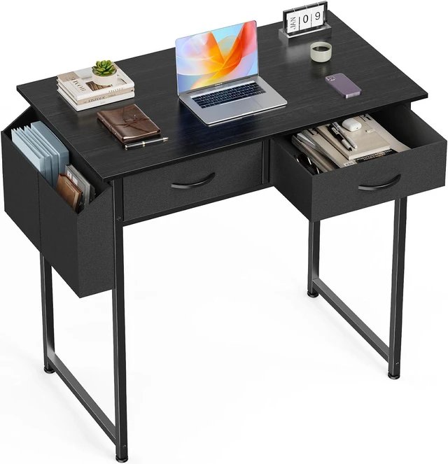 Main image of 32 Inch Small Computer Desk with Fabric Drawers for Home Office | Writing Study Work Table for Bedroom Small Space, Home Office Gaming PC Desk with Side Bag & Headphone Hook, Black