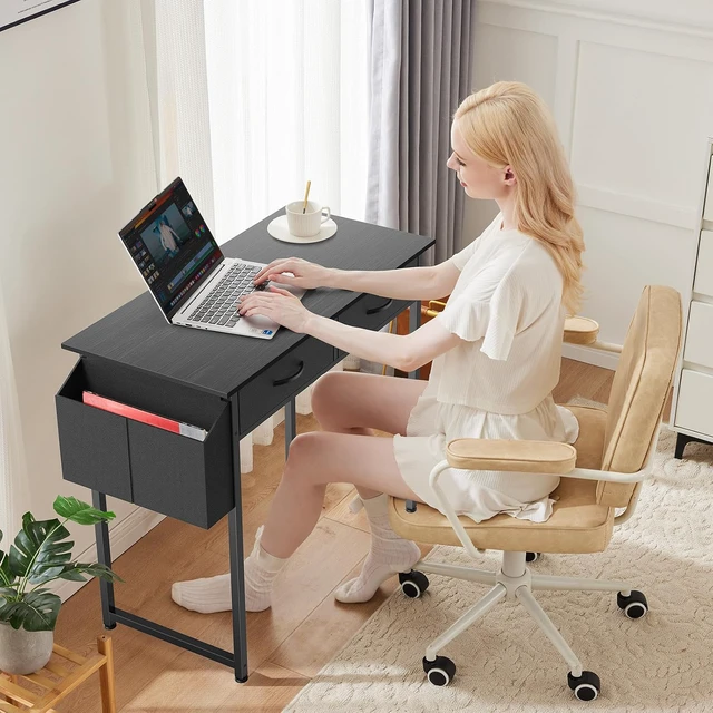Alt view image 2 of 7 - 32 Inch Small Computer Desk with Fabric Drawers for Home Office | Writing Study Work Table for Bedroom Small Space, Home Office Gaming PC Desk with Side Bag & Headphone Hook, Black