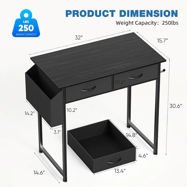 Alt view image 3 of 7 - 32 Inch Small Computer Desk with Fabric Drawers for Home Office | Writing Study Work Table for Bedroom Small Space, Home Office Gaming PC Desk with Side Bag & Headphone Hook, Black