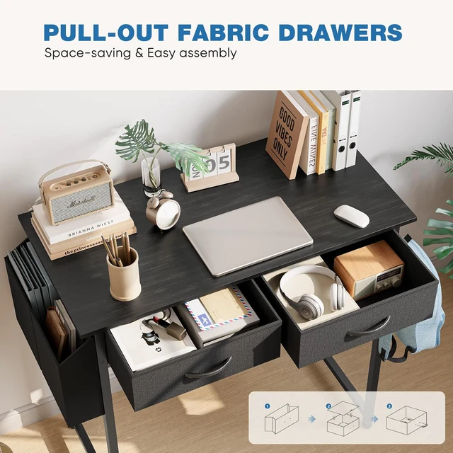 Alt view image 4 of 7 - 32 Inch Small Computer Desk with Fabric Drawers for Home Office | Writing Study Work Table for Bedroom Small Space, Home Office Gaming PC Desk with Side Bag & Headphone Hook, Black