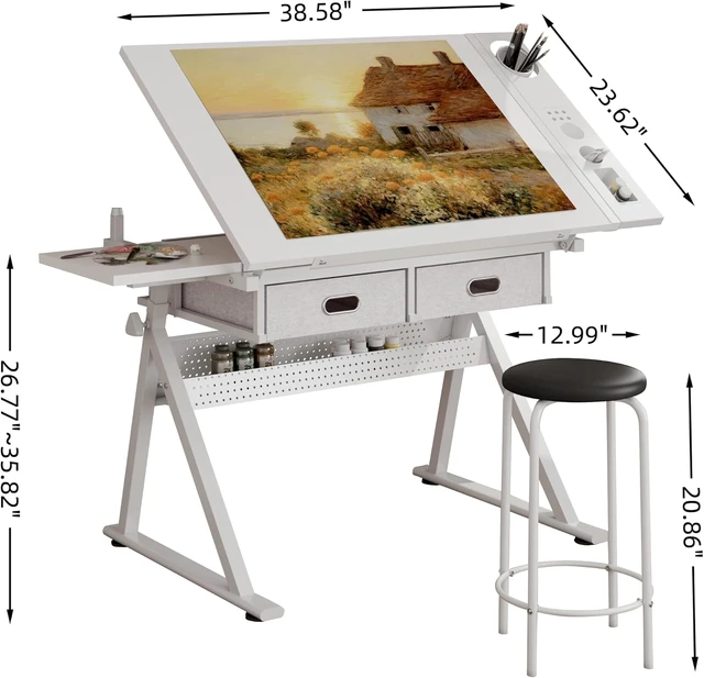 Alt view image 3 of 7 - Height Adjustable Drafting Table with Stool, Drawing Art Desk with 2 Drawers, Artist Table with 75° Tilted Tabletop, Sketching Painting Artwork Station for Home Office School Reading, Crafting, White