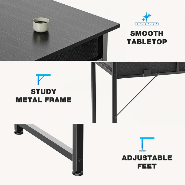 Alt view image 6 of 7 - 32 Inch Small Computer Desk with Fabric Drawers for Home Office | Writing Study Work Table for Bedroom Small Space, Home Office Gaming PC Desk with Side Bag & Headphone Hook, Black