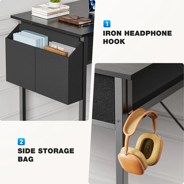 Alt view image 5 of 7 - 32 Inch Small Computer Desk with Fabric Drawers for Home Office | Writing Study Work Table for Bedroom Small Space, Home Office Gaming PC Desk with Side Bag & Headphone Hook, Black