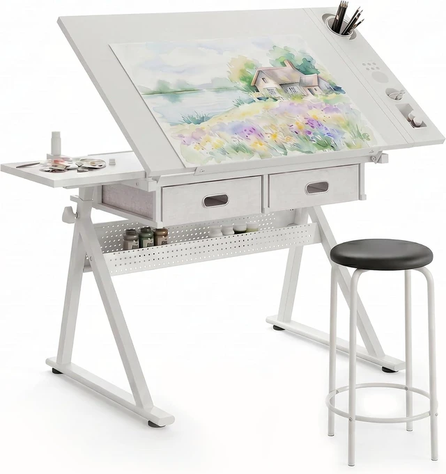 Main image of Height Adjustable Drafting Table with Stool, Drawing Art Desk with 2 Drawers, Artist Table with 75° Tilted Tabletop, Sketching Painting Artwork Station for Home Office School Reading, Crafting, White