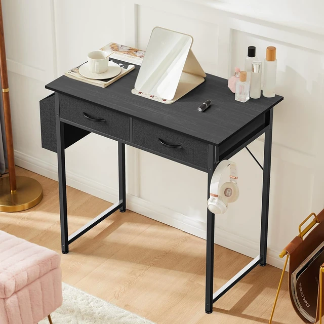 Alt view image 7 of 7 - 32 Inch Small Computer Desk with Fabric Drawers for Home Office | Writing Study Work Table for Bedroom Small Space, Home Office Gaming PC Desk with Side Bag & Headphone Hook, Black