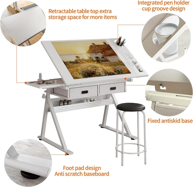 Alt view image 4 of 7 - Height Adjustable Drafting Table with Stool, Drawing Art Desk with 2 Drawers, Artist Table with 75° Tilted Tabletop, Sketching Painting Artwork Station for Home Office School Reading, Crafting, White