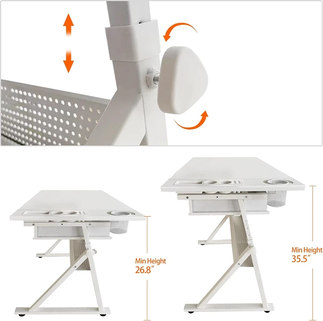 Alt view image 5 of 7 - Height Adjustable Drafting Table with Stool, Drawing Art Desk with 2 Drawers, Artist Table with 75° Tilted Tabletop, Sketching Painting Artwork Station for Home Office School Reading, Crafting, White