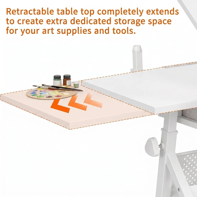 Alt view image 6 of 7 - Height Adjustable Drafting Table with Stool, Drawing Art Desk with 2 Drawers, Artist Table with 75° Tilted Tabletop, Sketching Painting Artwork Station for Home Office School Reading, Crafting, White