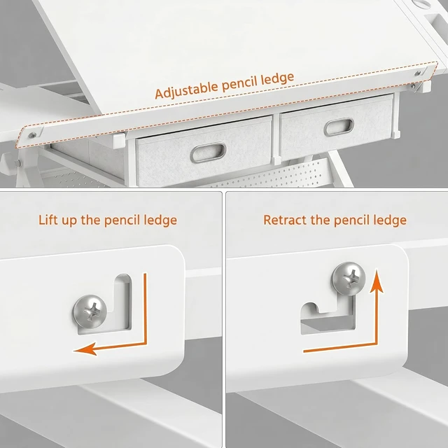 Alt view image 7 of 7 - Height Adjustable Drafting Table with Stool, Drawing Art Desk with 2 Drawers, Artist Table with 75° Tilted Tabletop, Sketching Painting Artwork Station for Home Office School Reading, Crafting, White