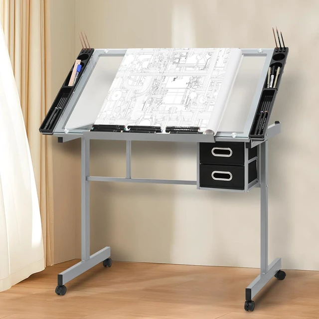 Main image of Drafting Table with Angle Adjustable Glass Top, Drawing Table with Storage Drawers,Casters, Art Desk Ideal for Drawing, Painting, Writing, Home Office, Clear Glass