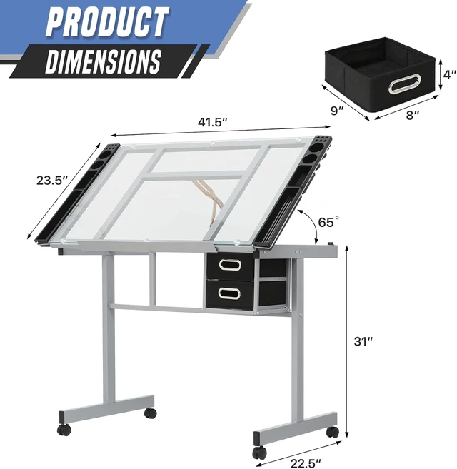 Alt view image 2 of 7 - Drafting Table with Angle Adjustable Glass Top, Drawing Table with Storage Drawers,Casters, Art Desk Ideal for Drawing, Painting, Writing, Home Office, Clear Glass