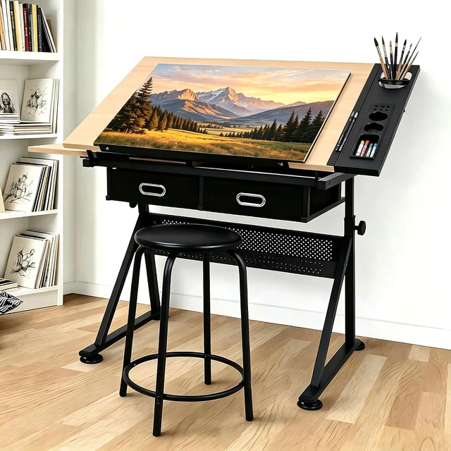 Alt view image 2 of 7 - Height Adjustable Drafting Table, 0-75° Tilting Tabletop | Drawing Table Artist Desk with 2 Storage Drawers & Stool for Adults, Home Office Watercolor Paintings Sketching Workstation