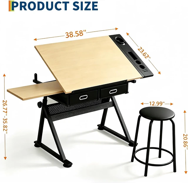 Alt view image 3 of 7 - Height Adjustable Drafting Table, 0-75° Tilting Tabletop | Drawing Table Artist Desk with 2 Storage Drawers & Stool for Adults, Home Office Watercolor Paintings Sketching Workstation