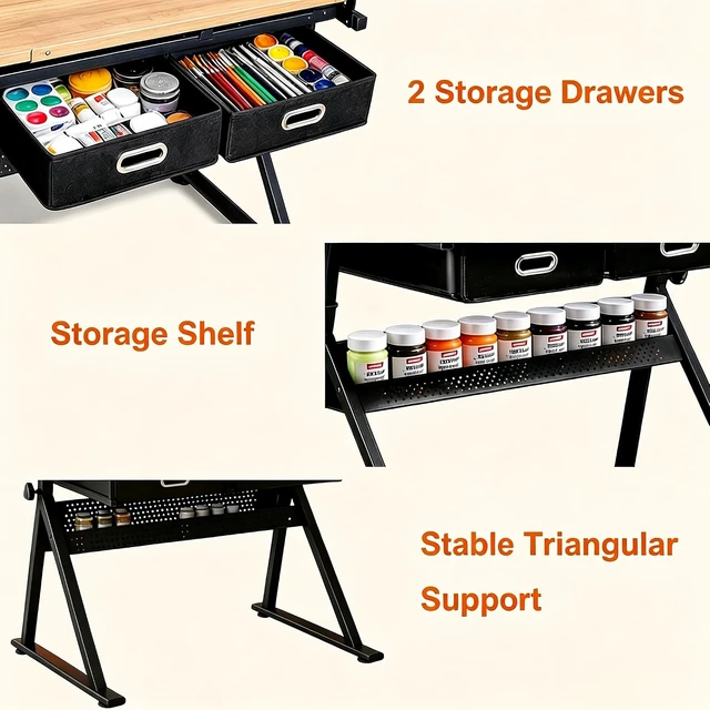 Alt view image 4 of 7 - Height Adjustable Drafting Table, 0-75° Tilting Tabletop | Drawing Table Artist Desk with 2 Storage Drawers & Stool for Adults, Home Office Watercolor Paintings Sketching Workstation