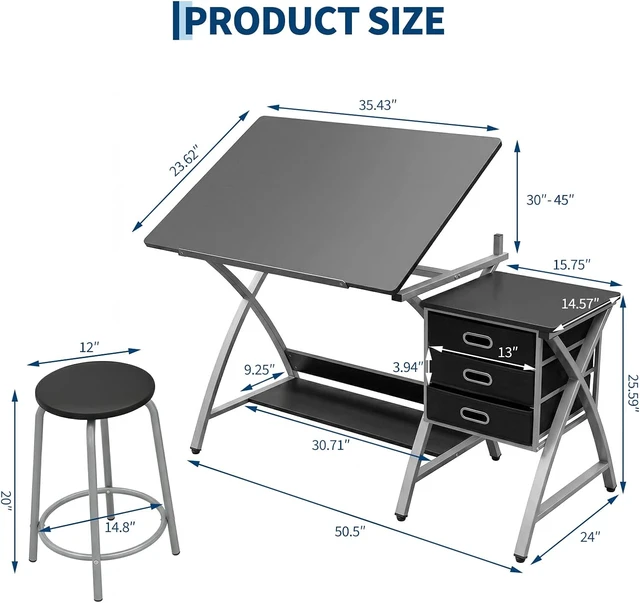 Alt view image 3 of 7 - Tabletop Adjustable Drafting Table, Drawing Table for Adults | Drafting Desk Art Desk with Stool & 3 Storage Drawers,Modern Painting Studio Work Station for Home Office,50.5x24x45 inch