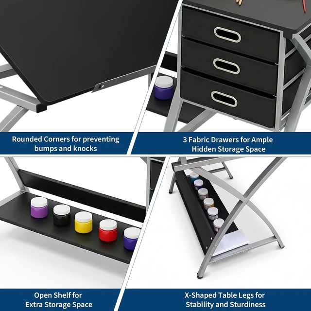 Alt view image 5 of 7 - Tabletop Adjustable Drafting Table, Drawing Table for Adults | Drafting Desk Art Desk with Stool & 3 Storage Drawers,Modern Painting Studio Work Station for Home Office,50.5x24x45 inch