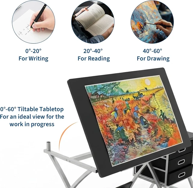 Alt view image 6 of 7 - Tabletop Adjustable Drafting Table, Drawing Table for Adults | Drafting Desk Art Desk with Stool & 3 Storage Drawers,Modern Painting Studio Work Station for Home Office,50.5x24x45 inch