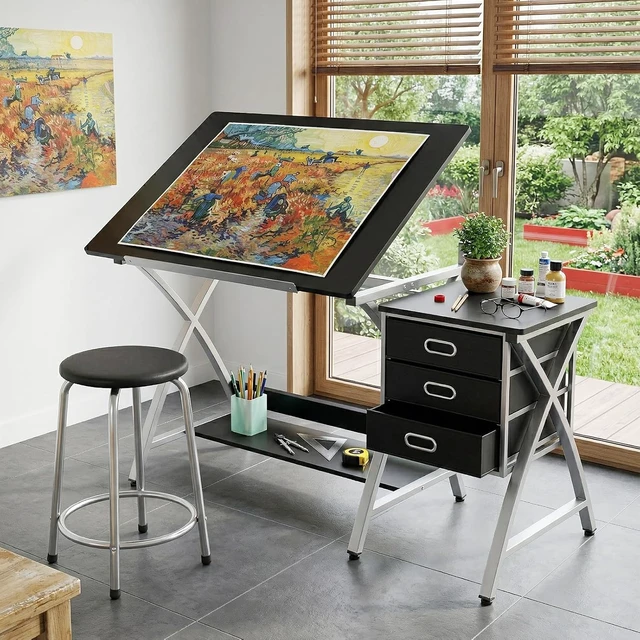 Alt view image 7 of 7 - Tabletop Adjustable Drafting Table, Drawing Table for Adults | Drafting Desk Art Desk with Stool & 3 Storage Drawers,Modern Painting Studio Work Station for Home Office,50.5x24x45 inch