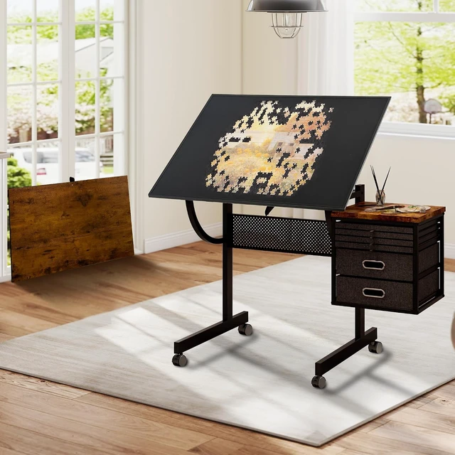 Alt view image 3 of 7 - 2 in 1 Puzzle Table Double-Sided with Wheels, Adjustable Drafting Desk with Drawers, Felt Storage Trays,, Art Table with 75° Tilted Tabletop, Painting Work Station for Home Office, Crafting, Brown