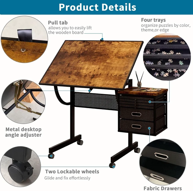 Alt view image 4 of 7 - 2 in 1 Puzzle Table Double-Sided with Wheels, Adjustable Drafting Desk with Drawers, Felt Storage Trays,, Art Table with 75° Tilted Tabletop, Painting Work Station for Home Office, Crafting, Brown