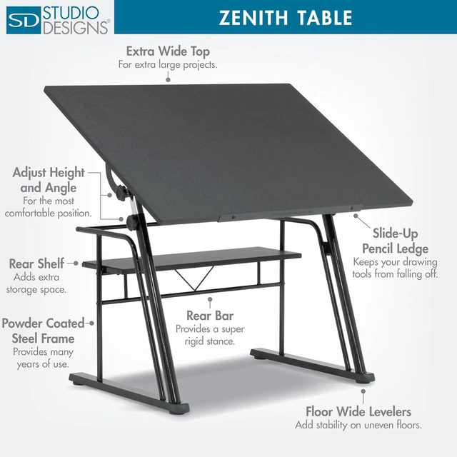 Alt view image 4 of 7 - Studio Designs Zenith Drafting Table with Adjustable Height & Angle MDF Work Surface, Modern Artist Workstation for Drawing, Drafting, Sketching & Design