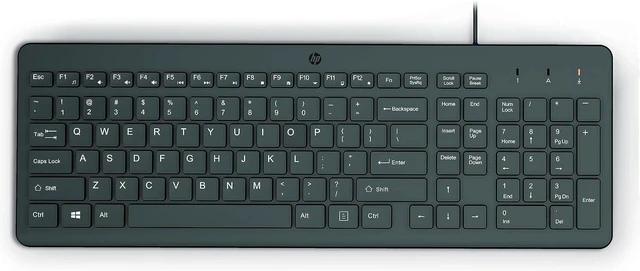Main image of HP 150 Wired Keyboard - Full-Sized, Keyboard with Numeric Keypad - Silent-Touch Chiclet Keyboard - Ergonomic, Comfortable Design - USB Plug-and-Play Connectivity, LED Indicators (664R5AA, Black)