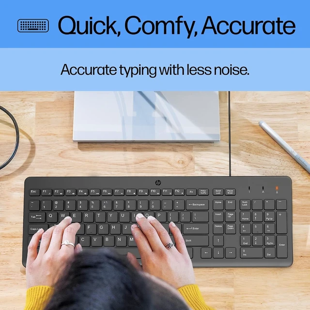 Alt view image 3 of 7 - HP 150 Wired Keyboard - Full-Sized, Keyboard with Numeric Keypad - Silent-Touch Chiclet Keyboard - Ergonomic, Comfortable Design - USB Plug-and-Play Connectivity, LED Indicators (664R5AA, Black)