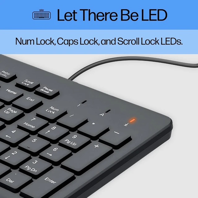 Alt view image 6 of 7 - HP 150 Wired Keyboard - Full-Sized, Keyboard with Numeric Keypad - Silent-Touch Chiclet Keyboard - Ergonomic, Comfortable Design - USB Plug-and-Play Connectivity, LED Indicators (664R5AA, Black)