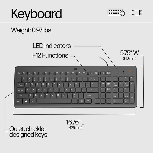 Alt view image 7 of 7 - HP 150 Wired Keyboard - Full-Sized, Keyboard with Numeric Keypad - Silent-Touch Chiclet Keyboard - Ergonomic, Comfortable Design - USB Plug-and-Play Connectivity, LED Indicators (664R5AA, Black)